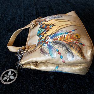 (NWT) Anuschka, Leather, Unique Art Front & Back, Hand-Painted, Feathers & Skull